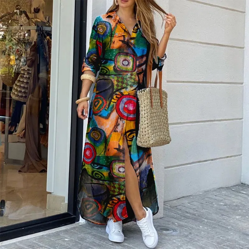 Summer Casual Cotton Linen Party Dress Fashion Long Sleeve Button Maxi Dresses