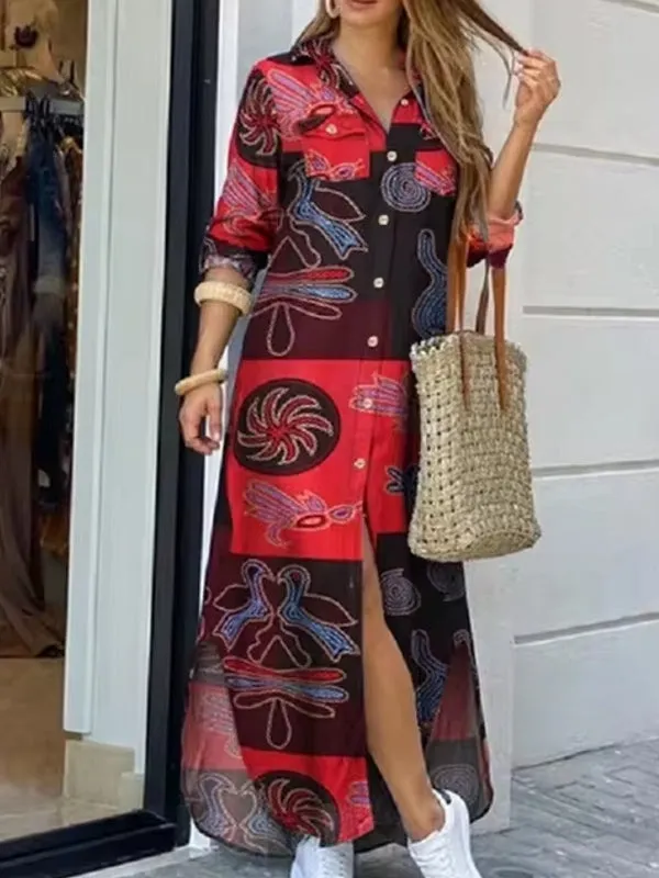 Summer Casual Cotton Linen Party Dress Fashion Long Sleeve Button Maxi Dresses