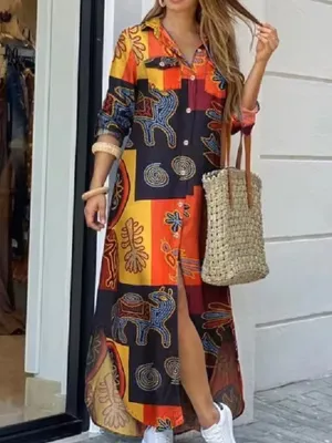 Summer Casual Cotton Linen Party Dress Fashion Long Sleeve Button Maxi Dresses