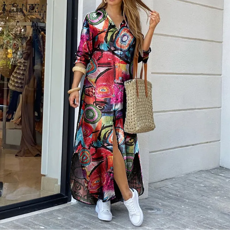 Summer Casual Cotton Linen Party Dress Fashion Long Sleeve Button Maxi Dresses