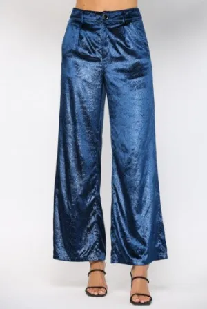 Teal Blue Velvet Shimmer Wide Leg Pant