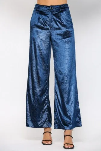 Teal Blue Velvet Shimmer Wide Leg Pant