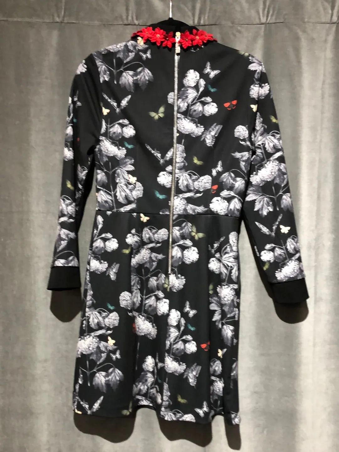 Ted Baker 'Narnia' Black Long Sleeve Butterfly Dress with Red Flower Collar