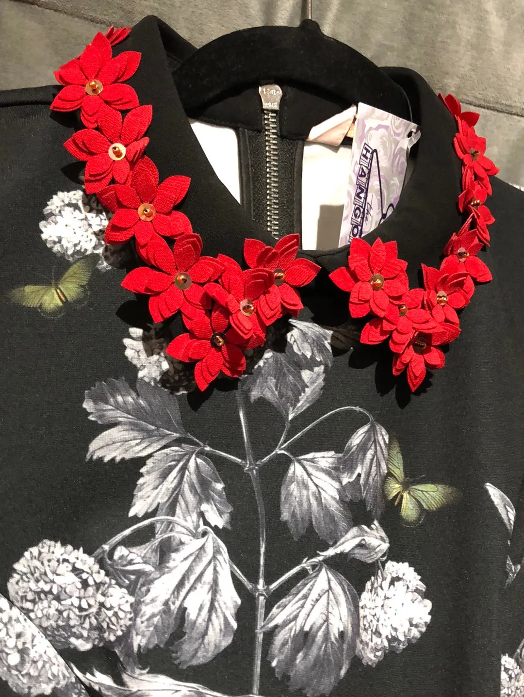Ted Baker 'Narnia' Black Long Sleeve Butterfly Dress with Red Flower Collar