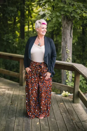 Terra Cotta Leo Print Wide Leg Pant with Waist Tie