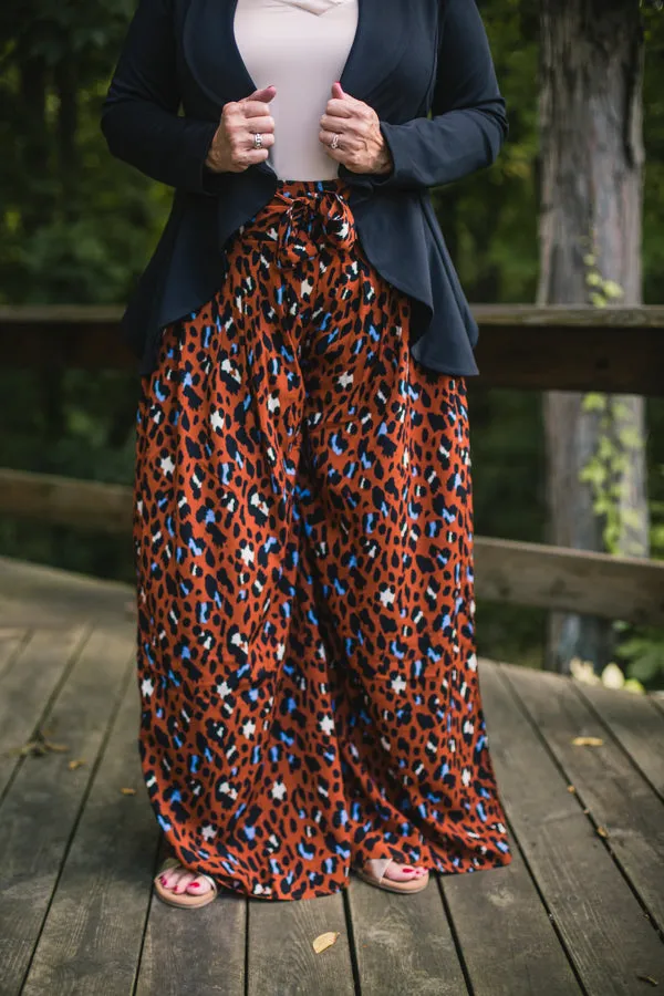 Terra Cotta Leo Print Wide Leg Pant with Waist Tie
