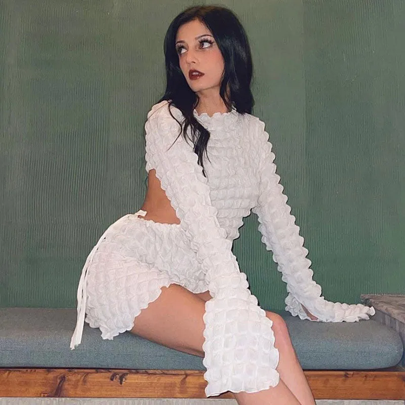 Texture Cut Out Long Sleeve Bodycon Mini Dress - White