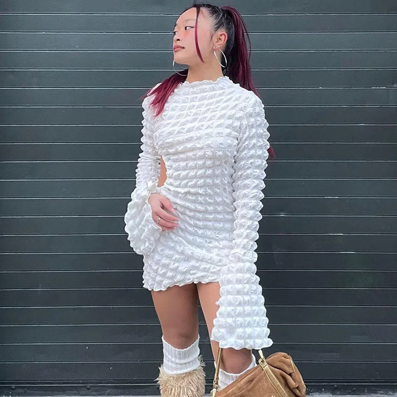 Texture Cut Out Long Sleeve Bodycon Mini Dress - White