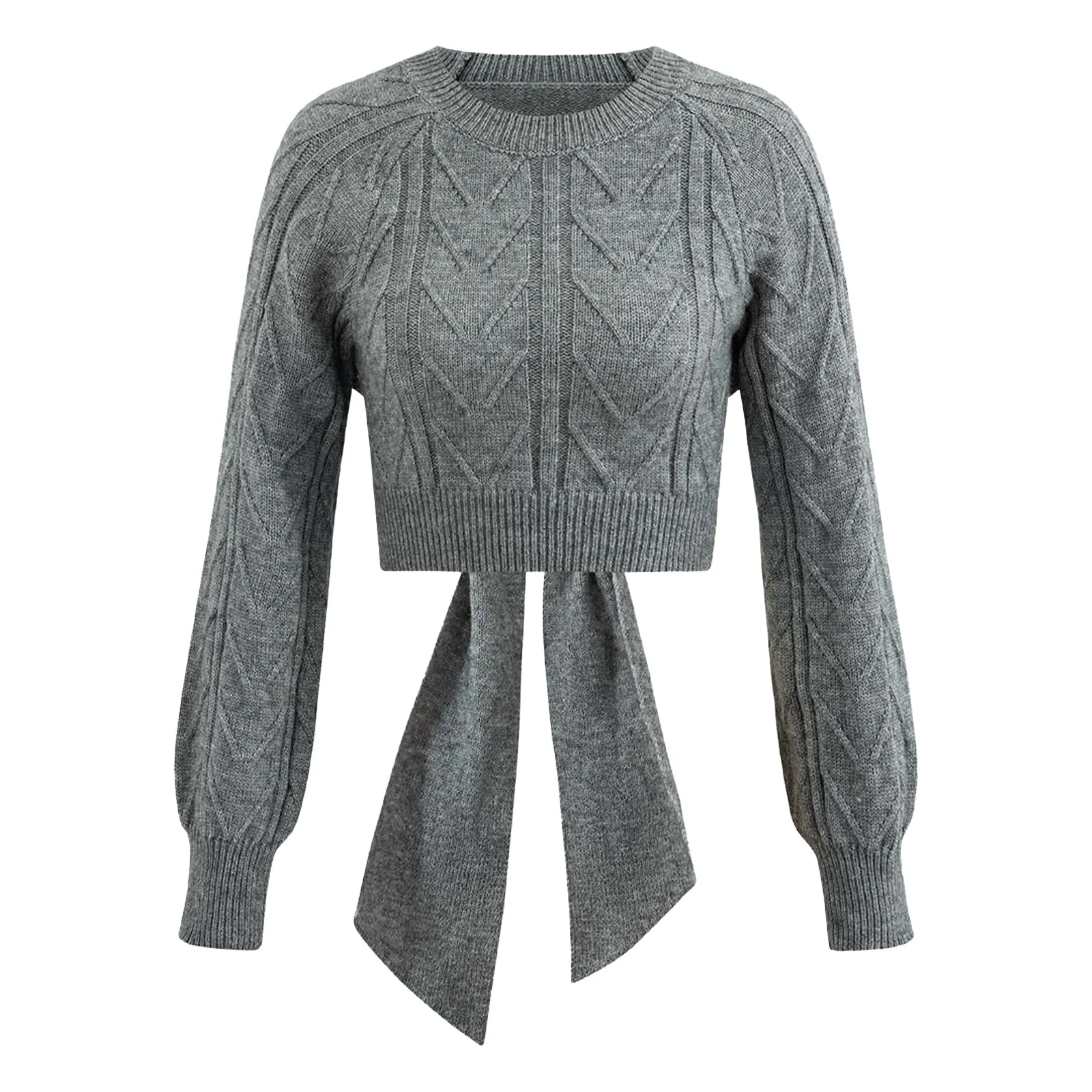 thanksgiving outfit JazzHer Women's Cable Knit Sweater Open Back Tie-Up Crew Neck Long Sleeve Crop Tops Casual Streetwear