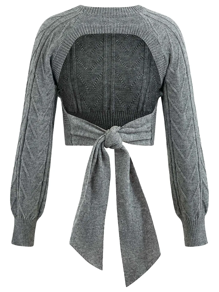 thanksgiving outfit JazzHer Women's Cable Knit Sweater Open Back Tie-Up Crew Neck Long Sleeve Crop Tops Casual Streetwear