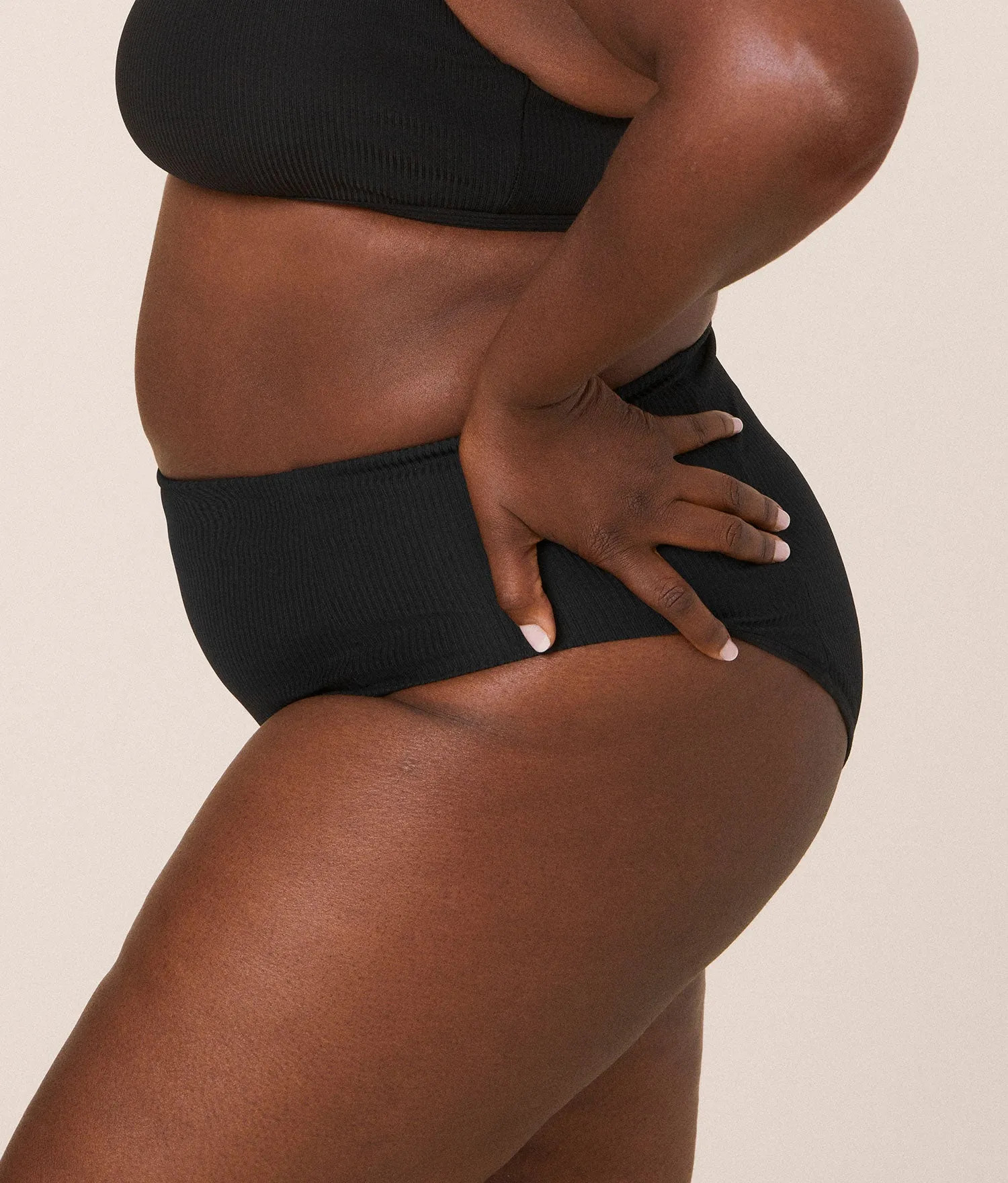 The High Waist Cheeky Bikini Bottom - Ribbed - Black