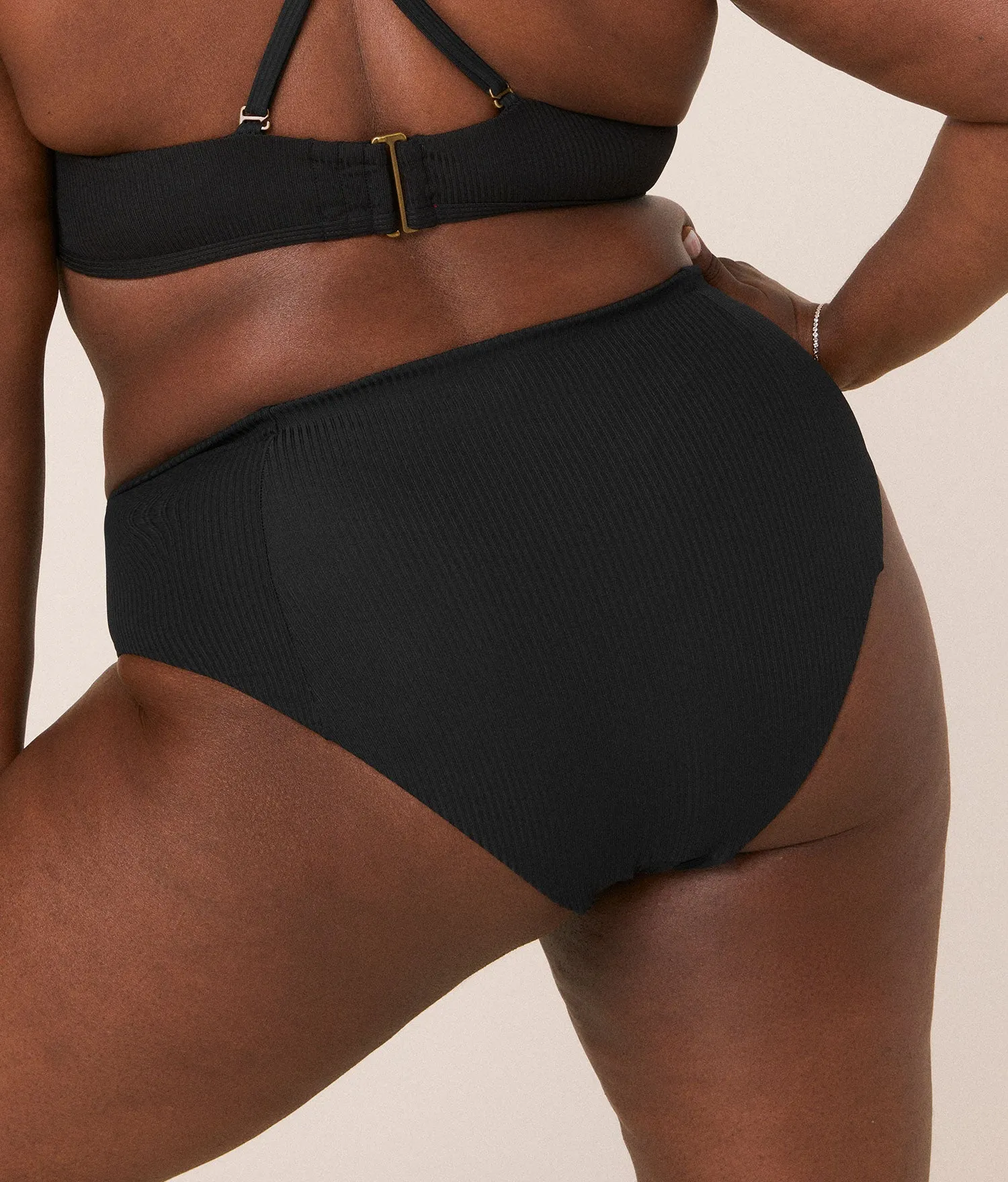 The High Waist Cheeky Bikini Bottom - Ribbed - Black