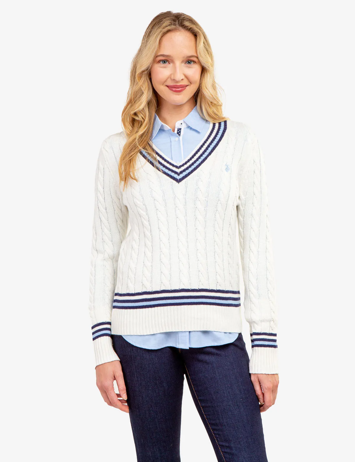 TIPPED CABLE V-NECK SWEATER