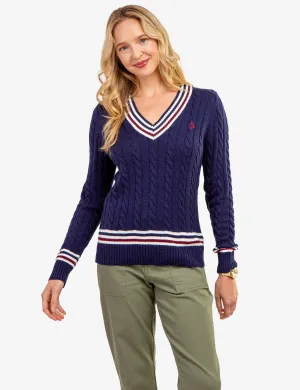 TIPPED CABLE V-NECK SWEATER