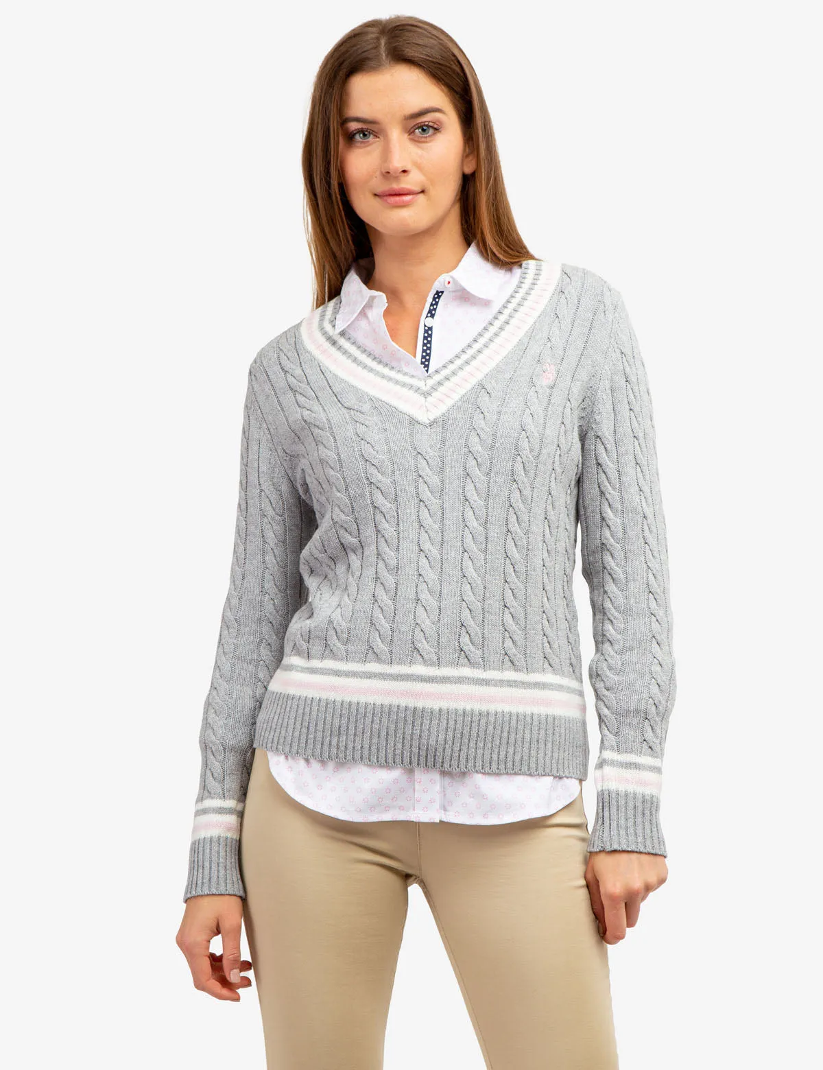 TIPPED CABLE V-NECK SWEATER