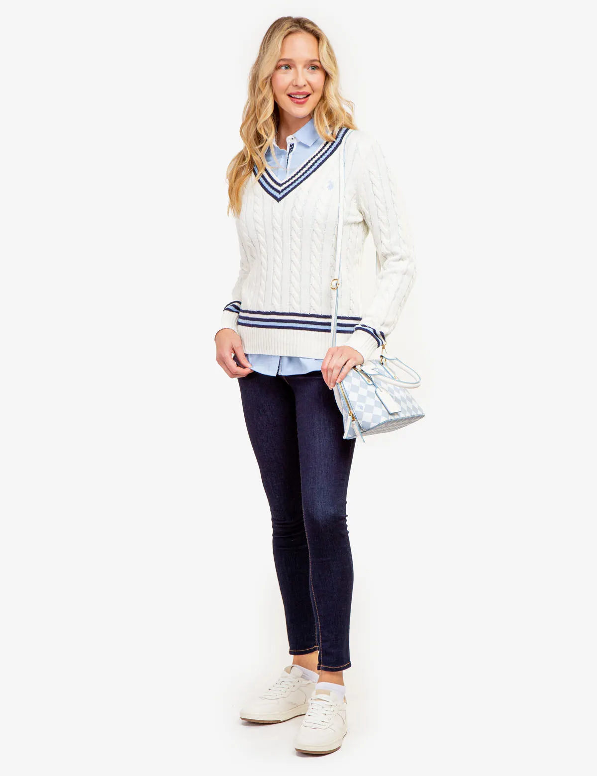 TIPPED CABLE V-NECK SWEATER