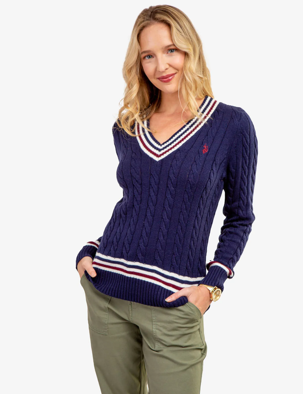 TIPPED CABLE V-NECK SWEATER