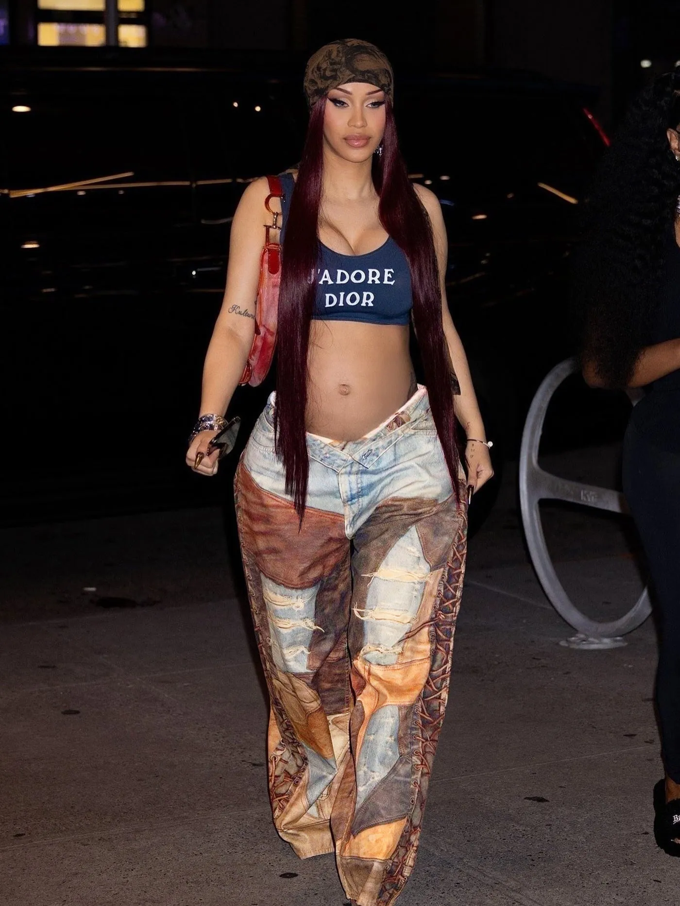 Trendy Printed Baggy Denim Trousers with Distressed Detailing