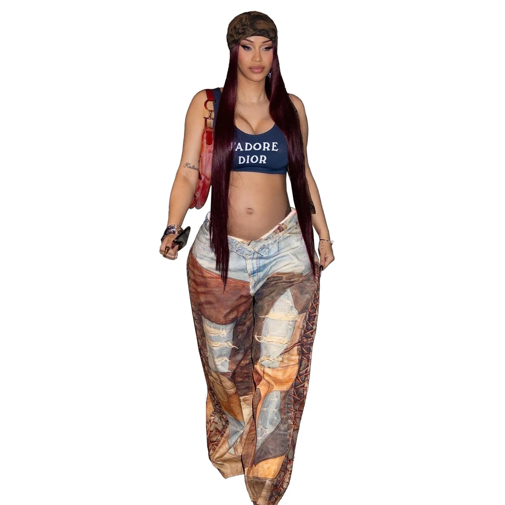 Trendy Printed Baggy Denim Trousers with Distressed Detailing