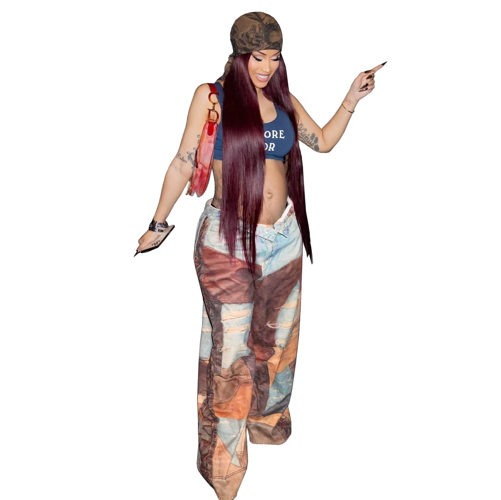 Trendy Printed Baggy Denim Trousers with Distressed Detailing