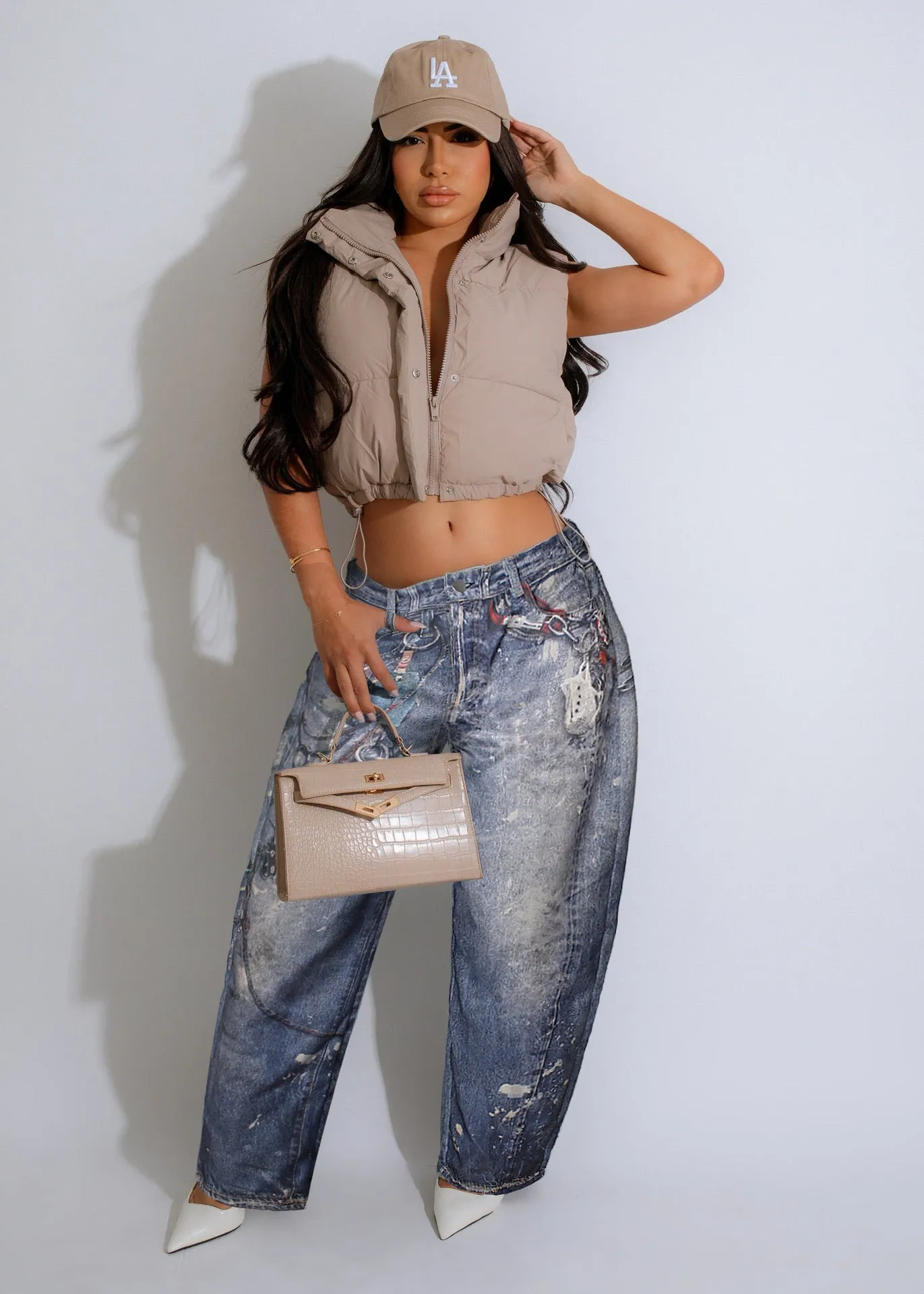 Trendy Printed Baggy Denim Trousers with Distressed Detailing