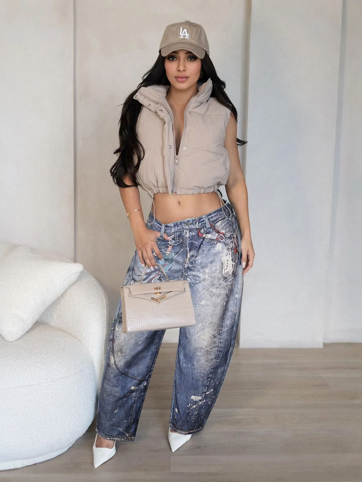 Trendy Printed Baggy Denim Trousers with Distressed Detailing