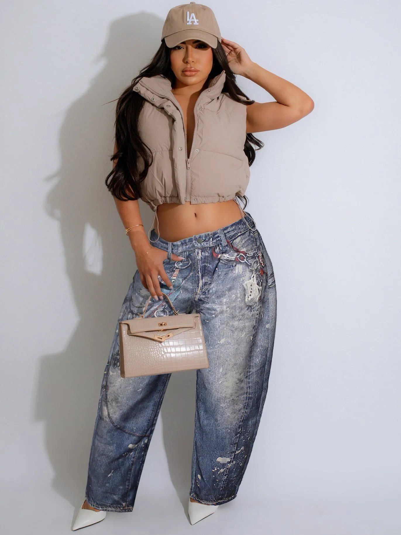 Trendy Printed Baggy Denim Trousers with Distressed Detailing