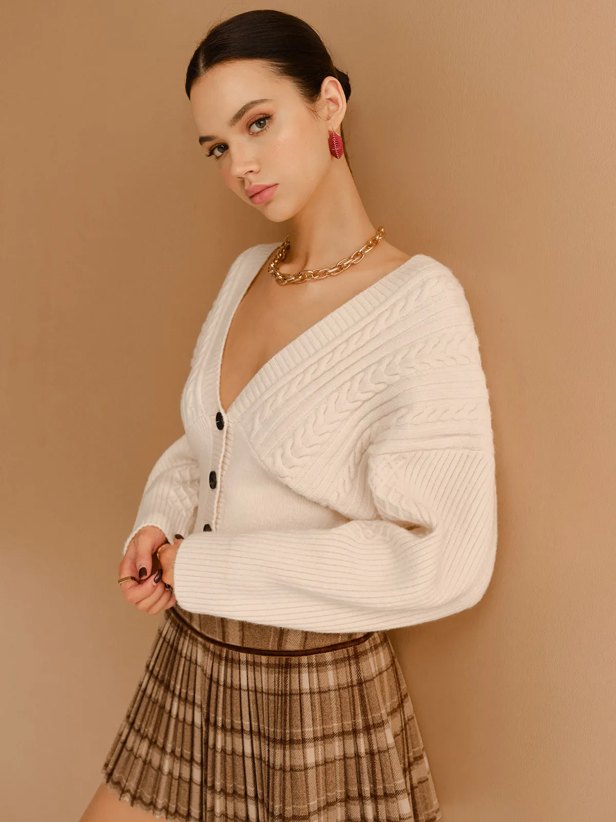 V-Neck Cinched Waist Twist Button Cardigan