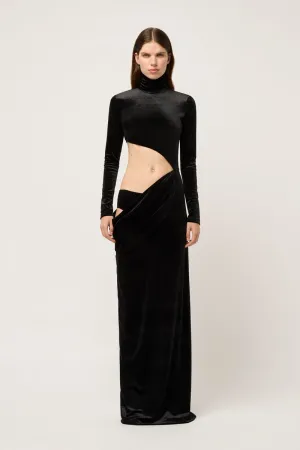 VELVET ASYMMETRIC EXPOSED HIGH NECK MAXI DRESS