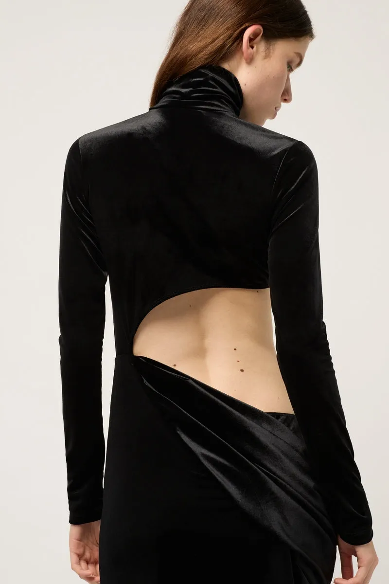VELVET ASYMMETRIC EXPOSED HIGH NECK MAXI DRESS