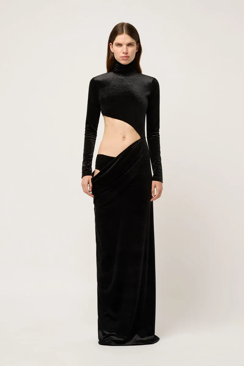 VELVET ASYMMETRIC EXPOSED HIGH NECK MAXI DRESS