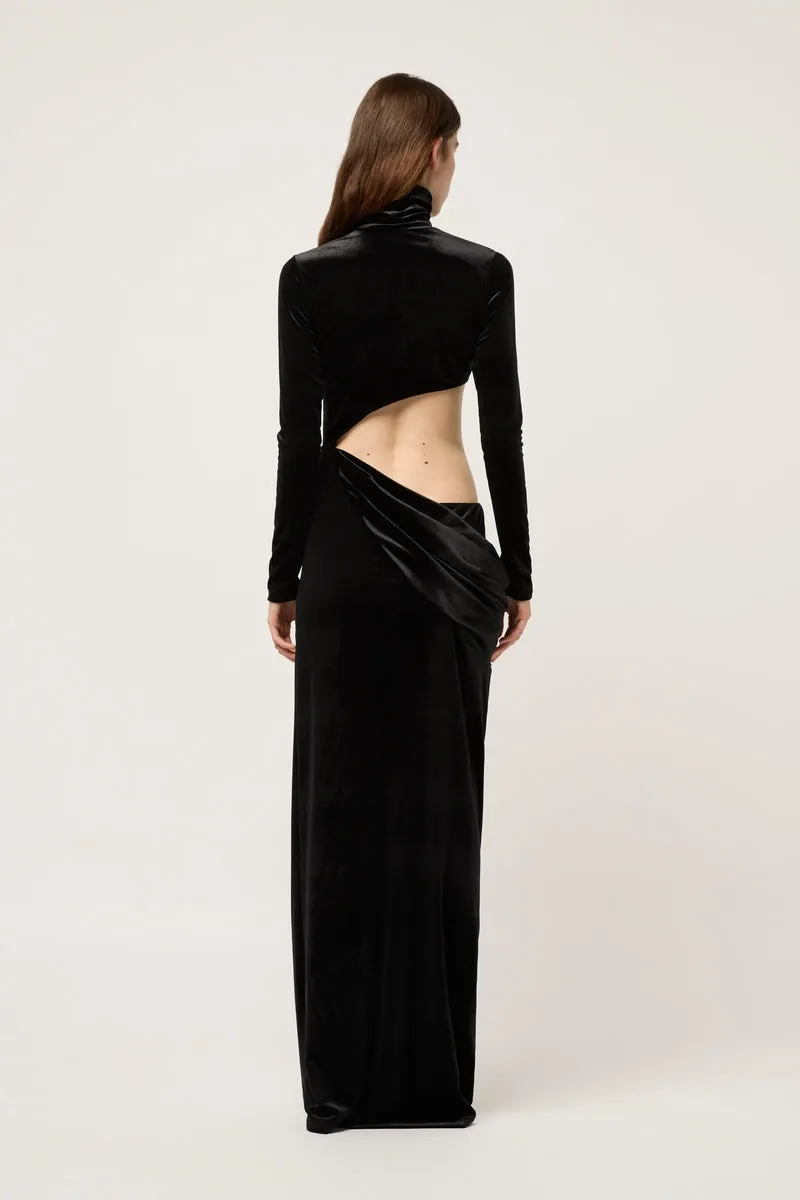 VELVET ASYMMETRIC EXPOSED HIGH NECK MAXI DRESS
