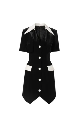 Velvet Button Short Sleeve Mini Dress in black