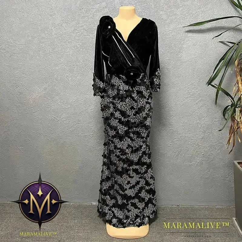 Velvet Long Luxury Evening Dresses For Women Fashion Autumn Winter V Neck Sexy Bodycon Sequins Party Dress