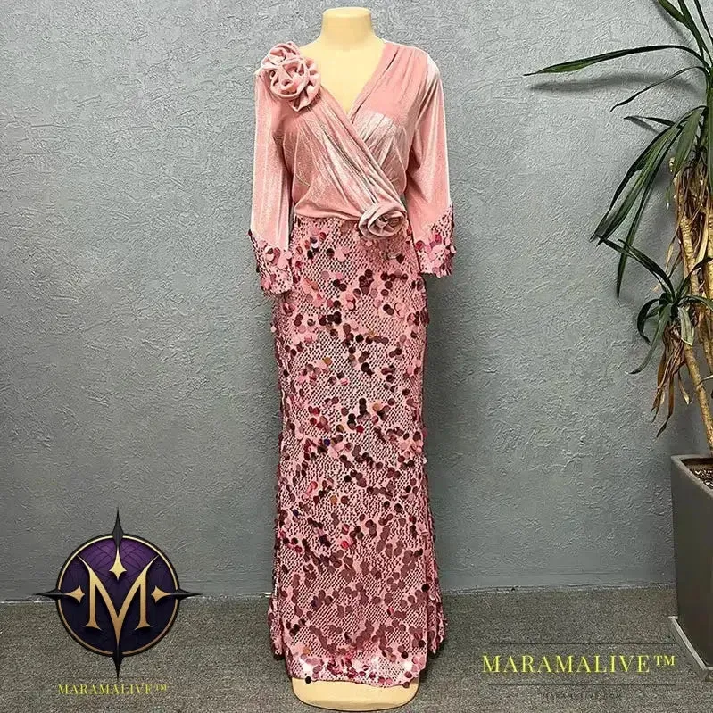 Velvet Long Luxury Evening Dresses For Women Fashion Autumn Winter V Neck Sexy Bodycon Sequins Party Dress