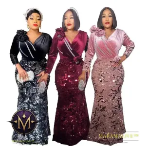 Velvet Long Luxury Evening Dresses For Women Fashion Autumn Winter V Neck Sexy Bodycon Sequins Party Dress