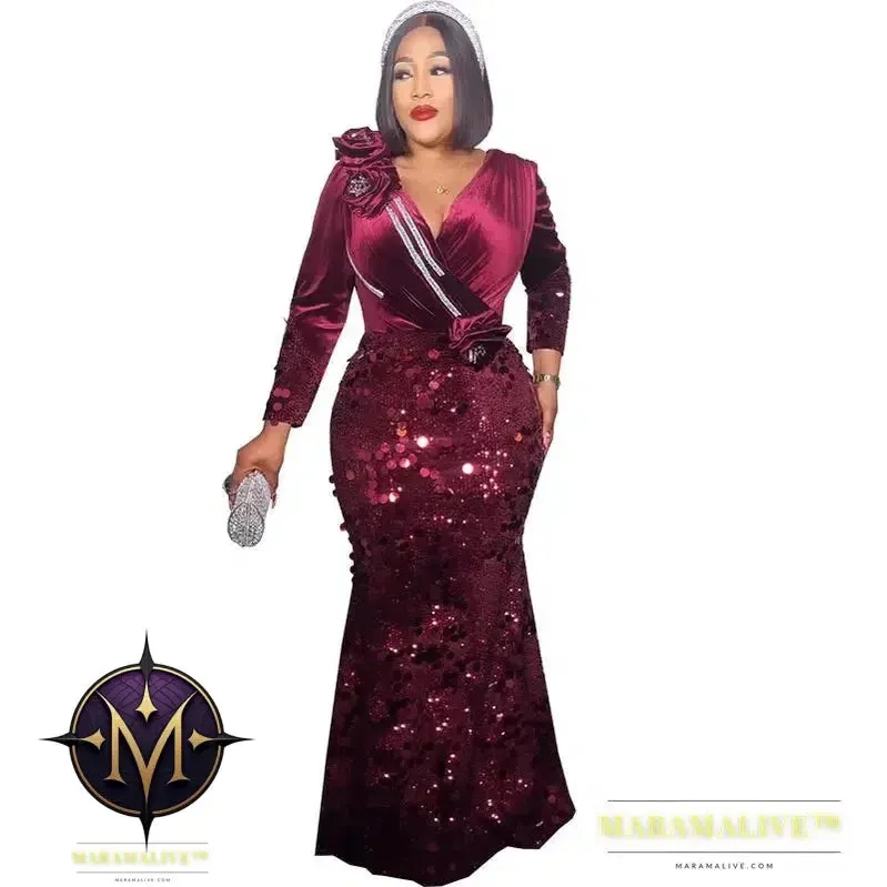 Velvet Long Luxury Evening Dresses For Women Fashion Autumn Winter V Neck Sexy Bodycon Sequins Party Dress