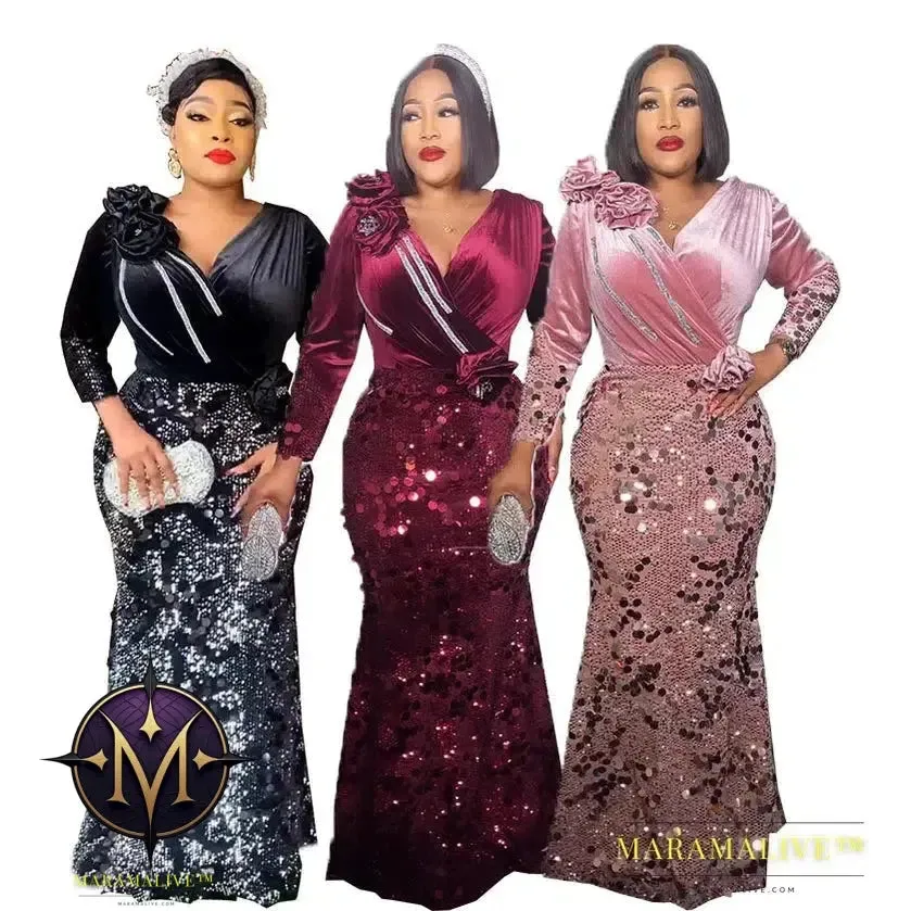 Velvet Long Luxury Evening Dresses For Women Fashion Autumn Winter V Neck Sexy Bodycon Sequins Party Dress