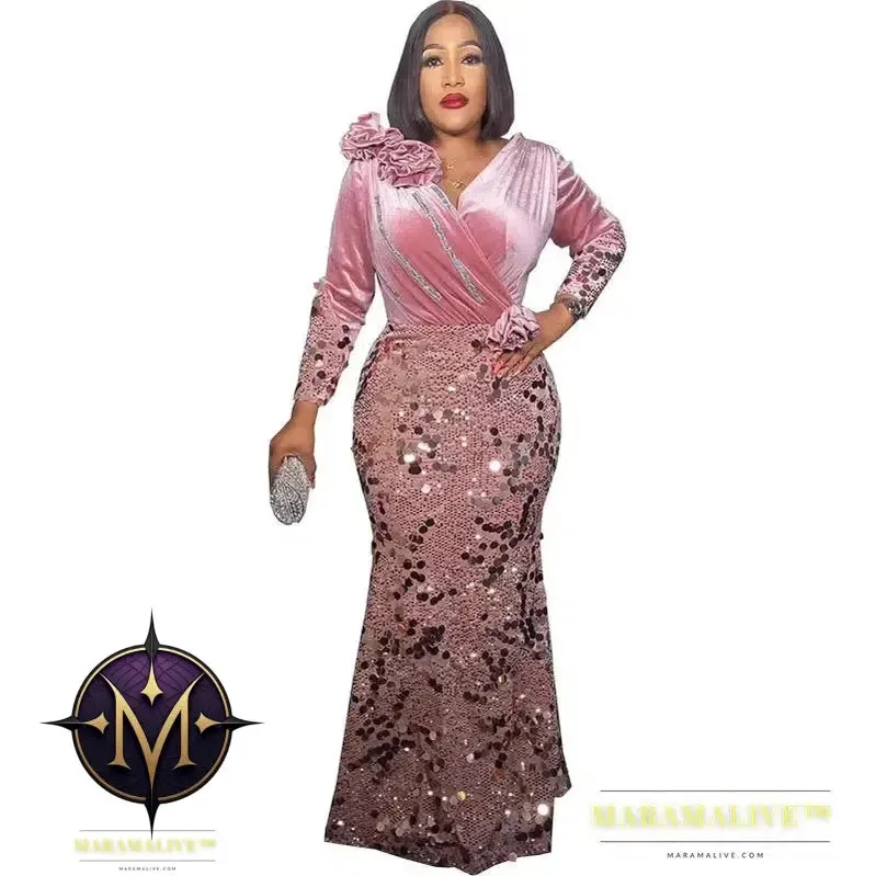 Velvet Long Luxury Evening Dresses For Women Fashion Autumn Winter V Neck Sexy Bodycon Sequins Party Dress