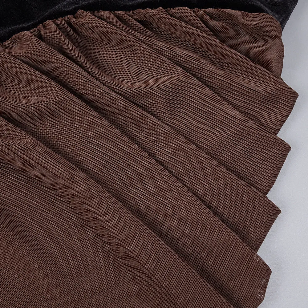 velvet mesh patchwork maxi dress in black