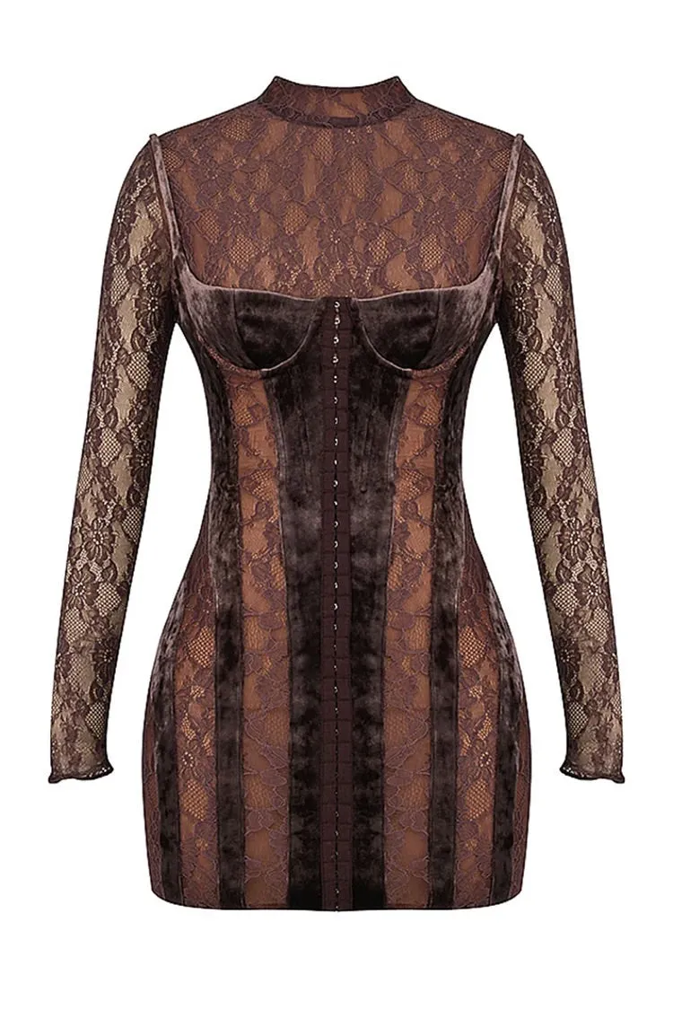 Velvet Patchwork Embroidery See Through Long Sleeve Bodycon Mini Dresses-Brown