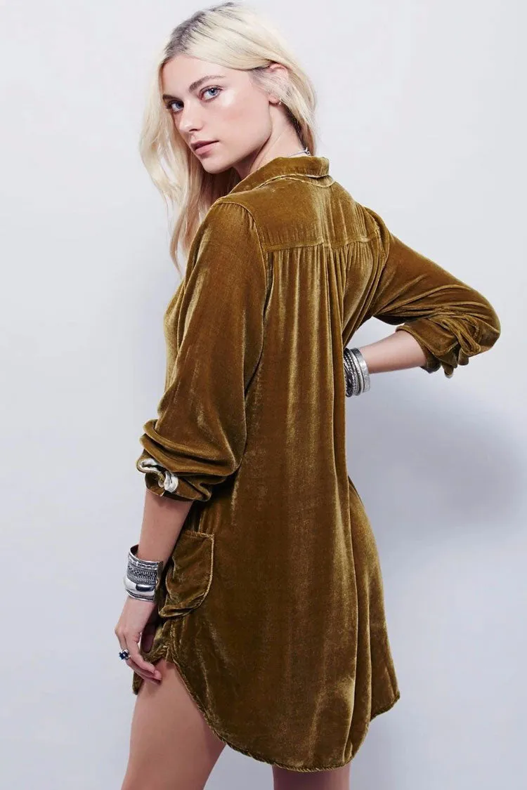 Vintage Collared V Neck Long Sleeve Velvet Mini Dress - Khaki