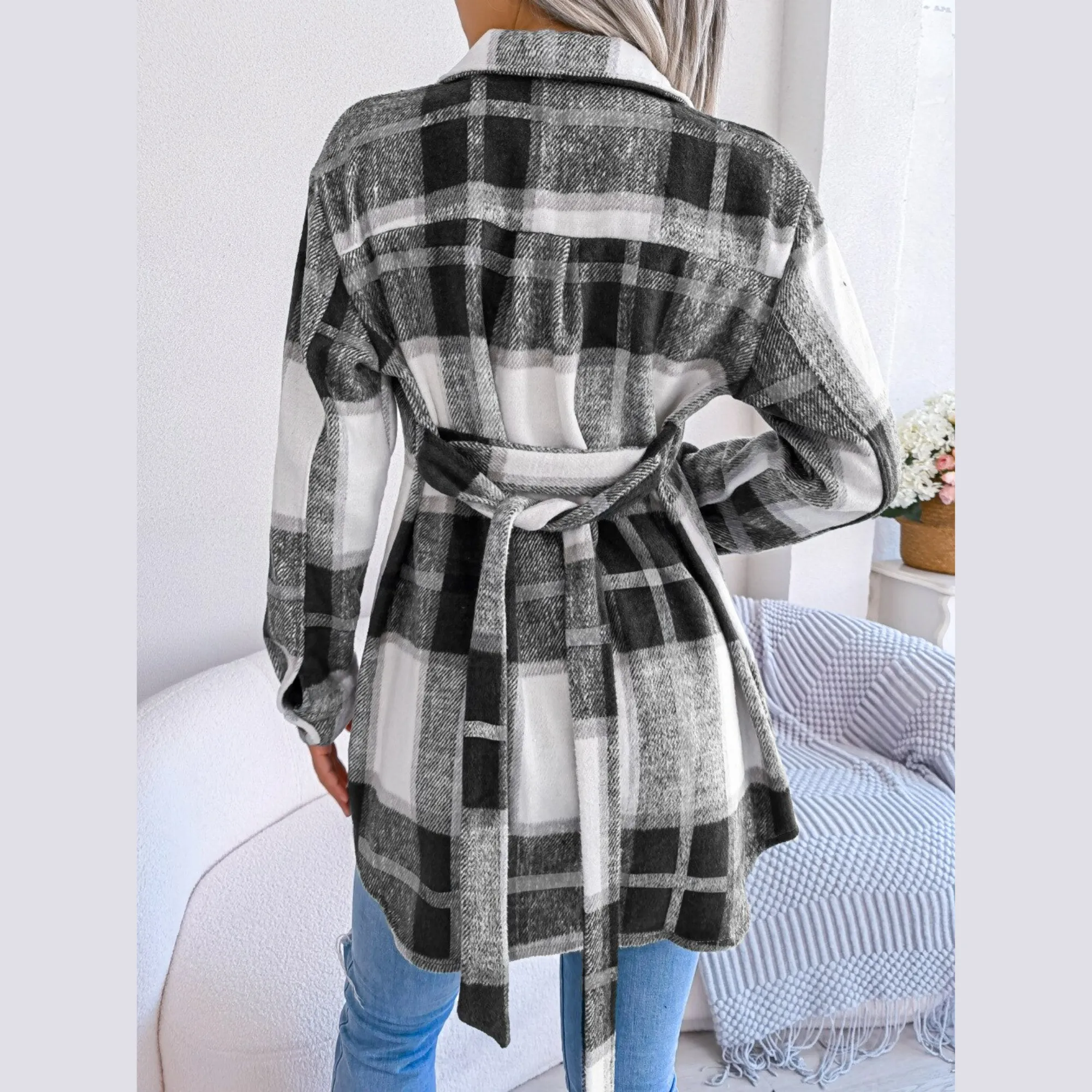 Vivian - Black Plaid Belted Long Sleeves Coat