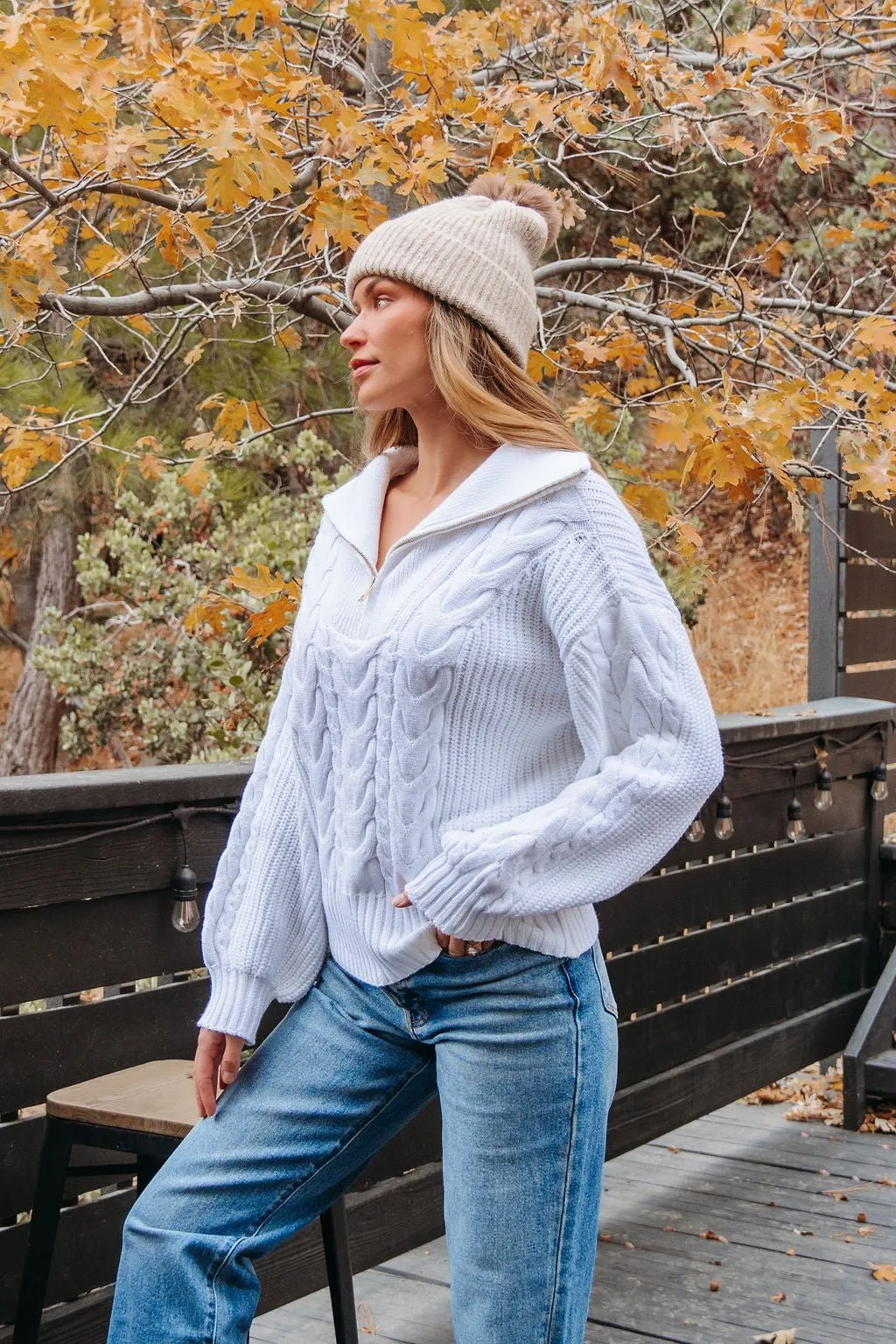 White Quarter Zip Cable Knit Sweater - FINAL SALE