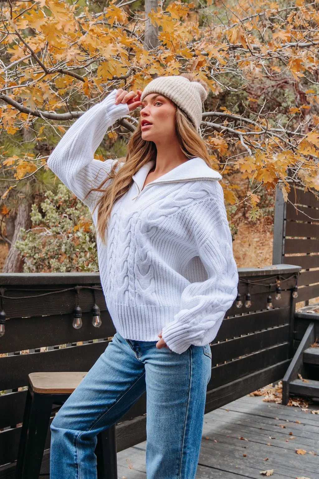 White Quarter Zip Cable Knit Sweater - FINAL SALE