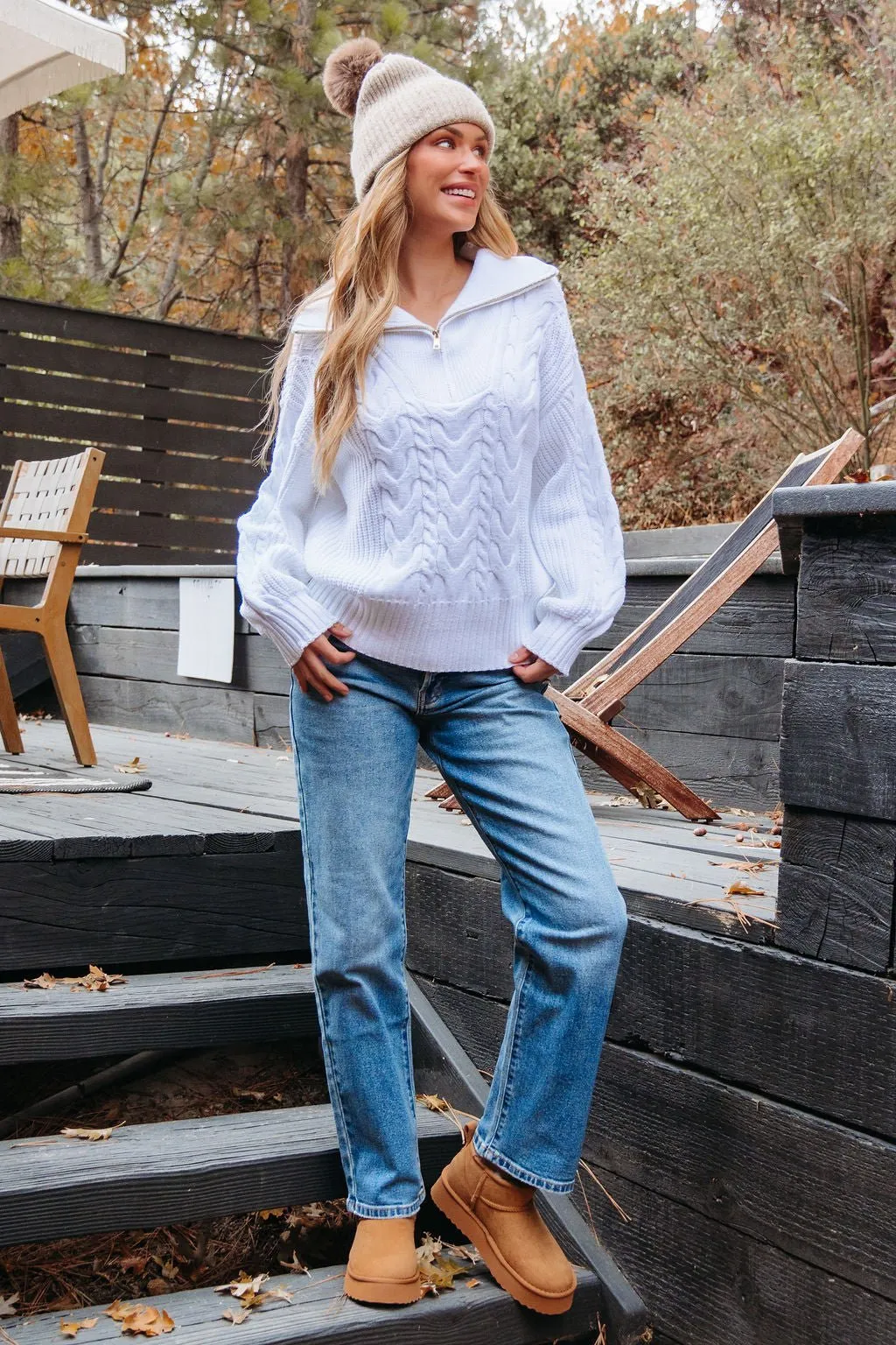 White Quarter Zip Cable Knit Sweater - FINAL SALE