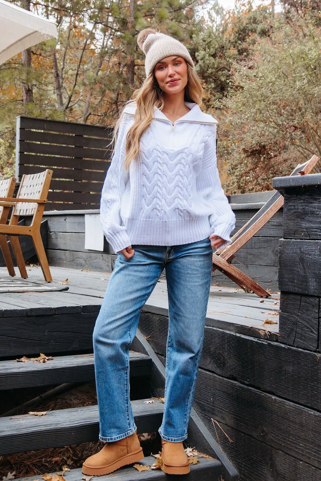 White Quarter Zip Cable Knit Sweater - FINAL SALE