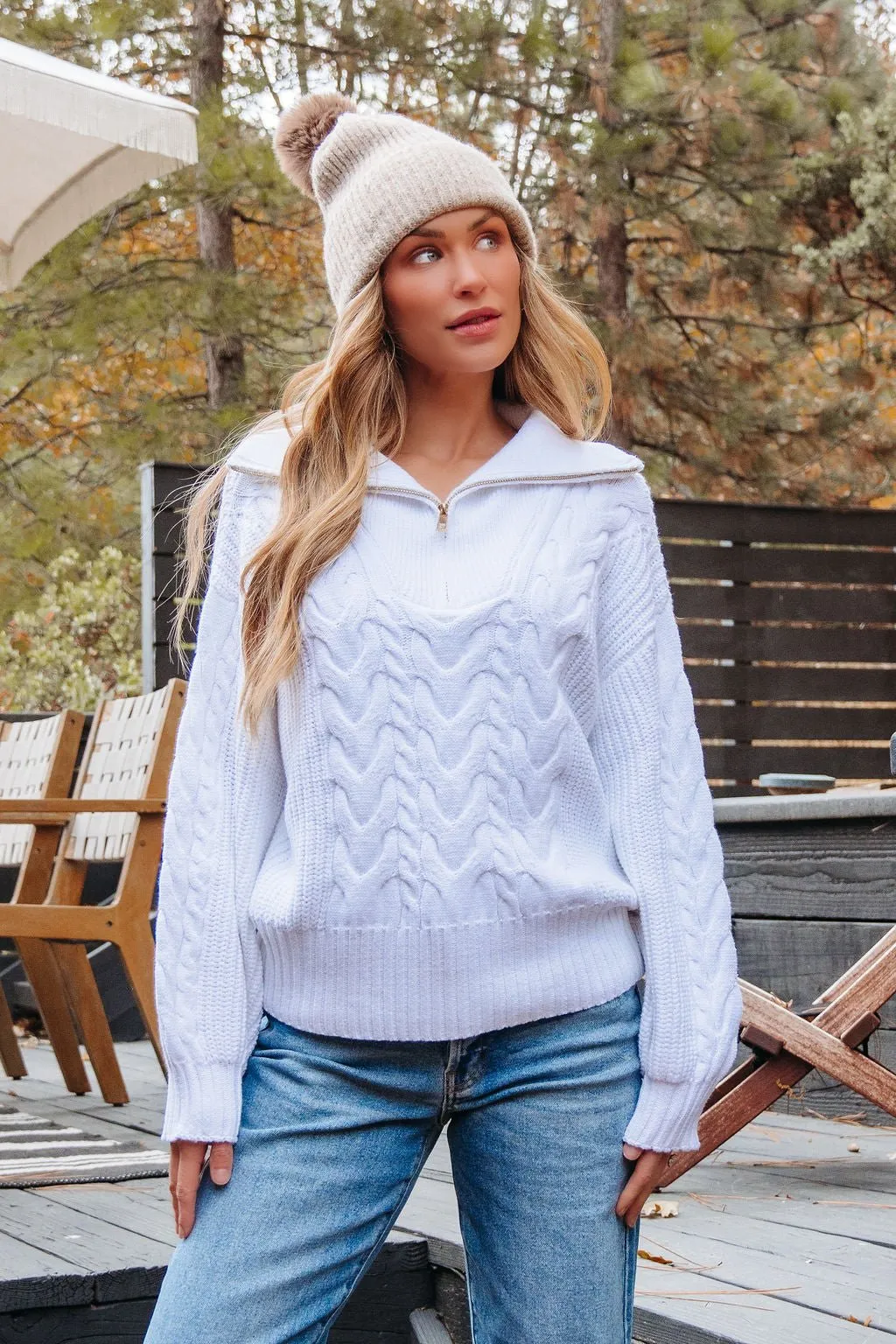White Quarter Zip Cable Knit Sweater - FINAL SALE