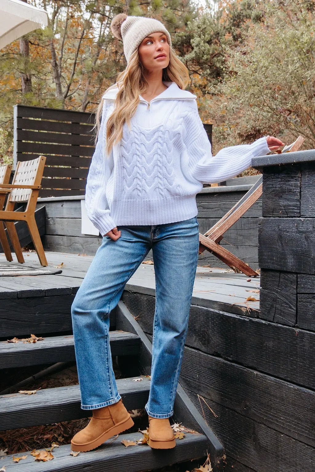 White Quarter Zip Cable Knit Sweater - FINAL SALE