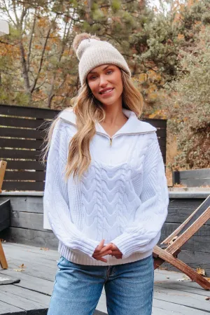 White Quarter Zip Cable Knit Sweater - FINAL SALE
